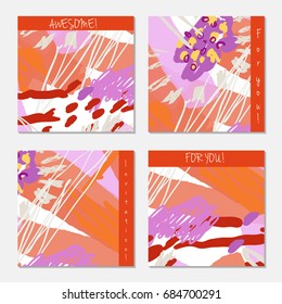 Hand drawn creative invitation greeting cards. Invitation party card template. Set of 4 isolated on layer. Abstract creative universal doodles. Roughly brushed floral motifs. Vector illustration.
