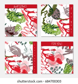 Hand drawn creative invitation greeting cards. Invitation party card template. Set of 4 isolated on layer. Abstract creative universal doodles. Roughly brushed floral motifs. Vector illustration.