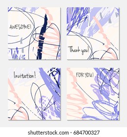 Hand drawn creative invitation greeting cards. Invitation party card template. Set of 4 isolated on layer. Abstract creative universal doodles. Roughly brushed floral motifs. Vector illustration.