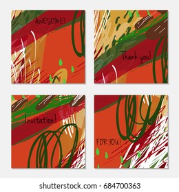 Hand drawn creative invitation greeting cards. Invitation party card template. Set of 4 isolated on layer. Abstract creative universal doodles. Roughly brushed floral motifs. Vector illustration.