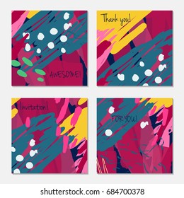 Hand drawn creative invitation greeting cards. Invitation party card template. Set of 4 isolated on layer. Abstract creative universal doodles. Roughly brushed floral motifs. Vector illustration.