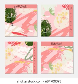 Hand drawn creative invitation greeting cards. Invitation party card template. Set of 4 isolated on layer. Abstract creative universal doodles. Roughly brushed floral motifs. Vector illustration.