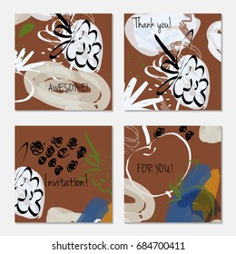 Hand drawn creative invitation greeting cards. Invitation party card template. Set of 4 isolated on layer. Abstract creative universal doodles. Roughly brushed floral motifs. Vector illustration.