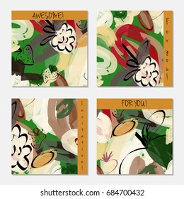 Hand drawn creative invitation greeting cards. Invitation party card template. Set of 4 isolated on layer. Abstract creative universal doodles. Roughly brushed floral motifs. Vector illustration.