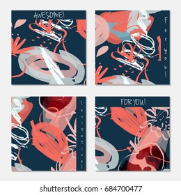 Hand drawn creative invitation greeting cards. Invitation party card template. Set of 4 isolated on layer. Abstract creative universal doodles. Roughly brushed floral motifs. Vector illustration.