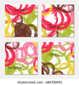 Hand drawn creative invitation greeting cards. Invitation party card template. Set of 4 isolated on layer. Abstract creative universal doodles. Roughly brushed floral motifs. Vector illustration.