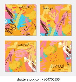 Hand drawn creative invitation greeting cards. Invitation party card template. Set of 4 isolated on layer. Abstract creative universal doodles. Roughly brushed floral motifs. Vector illustration.