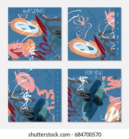 Hand drawn creative invitation greeting cards. Invitation party card template. Set of 4 isolated on layer. Abstract creative universal doodles. Roughly brushed floral motifs. Vector illustration.