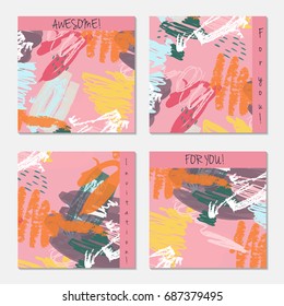 Hand drawn creative invitation greeting cards. Invitation party card template. Set of 4 isolated on layer. Abstract creative universal doodles. Roughly brushed floral motifs. Vector illustration.
