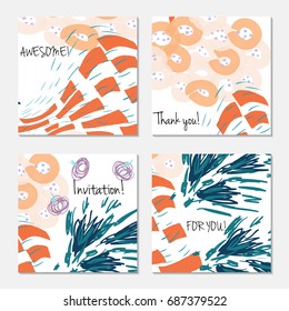 Hand drawn creative invitation greeting cards. Invitation party card template. Set of 4 isolated on layer. Abstract creative universal doodles. Roughly brushed floral motifs. Vector illustration.