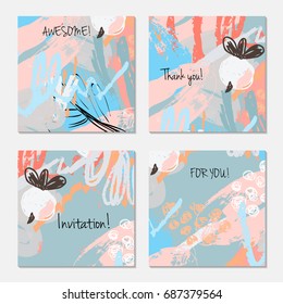 Hand drawn creative invitation greeting cards. Invitation party card template. Set of 4 isolated on layer. Abstract creative universal doodles. Roughly brushed floral motifs. Vector illustration.