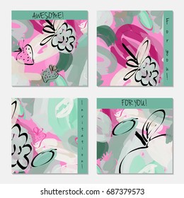 Hand drawn creative invitation greeting cards. Invitation party card template. Set of 4 isolated on layer. Abstract creative universal doodles. Roughly brushed floral motifs. Vector illustration.