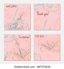 Hand drawn creative invitation greeting cards. Invitation party card template. Set of 4 isolated on layer. Abstract creative universal doodles. Roughly brushed floral motifs. Vector illustration.