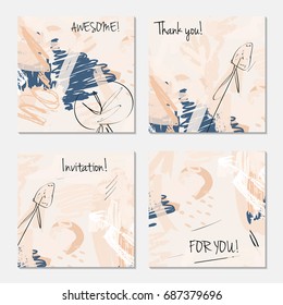 Hand drawn creative invitation greeting cards. Invitation party card template. Set of 4 isolated on layer. Abstract creative universal doodles. Roughly brushed floral motifs. Vector illustration.
