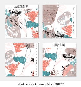 Hand drawn creative invitation greeting cards. Invitation party card template. Set of 4 isolated on layer. Abstract creative universal doodles. Roughly brushed floral motifs. Vector illustration.