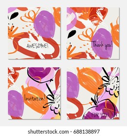 Hand drawn creative invitation greeting cards. Invitation party card template. Set of 4 isolated on layer. Abstract creative universal doodles. Roughly brushed floral motifs. Vector illustration.