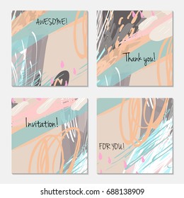 Hand drawn creative invitation greeting cards. Invitation party card template. Set of 4 isolated on layer. Abstract creative universal doodles. Roughly brushed floral motifs. Vector illustration.