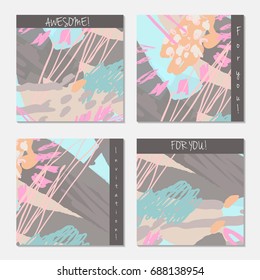 Hand drawn creative invitation greeting cards. Invitation party card template. Set of 4 isolated on layer. Abstract creative universal doodles. Roughly brushed floral motifs. Vector illustration.