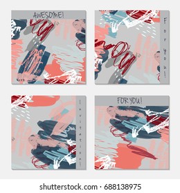 Hand drawn creative invitation greeting cards. Invitation party card template. Set of 4 isolated on layer. Abstract creative universal doodles. Roughly brushed floral motifs. Vector illustration.