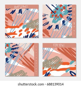 Hand drawn creative invitation greeting cards. Invitation party card template. Set of 4 isolated on layer. Abstract creative universal doodles. Roughly brushed floral motifs. Vector illustration.