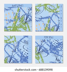 Hand drawn creative invitation greeting cards. Invitation party card template. Set of 4 isolated on layer. Abstract creative universal doodles. Roughly brushed floral motifs. Vector illustration.