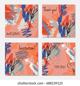 Hand drawn creative invitation greeting cards. Invitation party card template. Set of 4 isolated on layer. Abstract creative universal doodles. Roughly brushed floral motifs. Vector illustration.