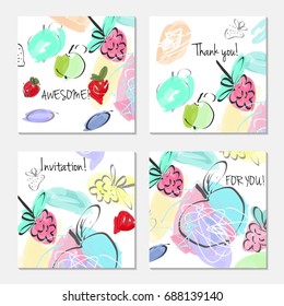 Hand drawn creative invitation greeting cards. Invitation party card template. Set of 4 isolated on layer. Abstract creative universal doodles. Roughly brushed floral motifs. Vector illustration.
