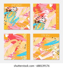 Hand drawn creative invitation greeting cards. Invitation party card template. Set of 4 isolated on layer. Abstract creative universal doodles. Roughly brushed floral motifs. Vector illustration.