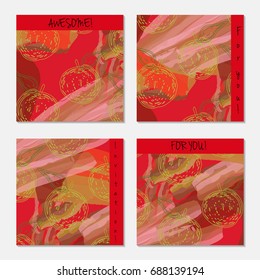 Hand drawn creative invitation greeting cards. Invitation party card template. Set of 4 isolated on layer. Abstract creative universal doodles. Roughly brushed floral motifs. Vector illustration.