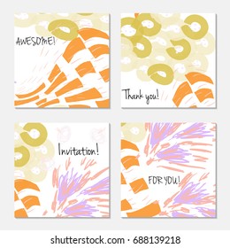 Hand drawn creative invitation greeting cards. Invitation party card template. Set of 4 isolated on layer. Abstract creative universal doodles. Roughly brushed floral motifs. Vector illustration.