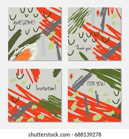 Hand drawn creative invitation greeting cards. Invitation party card template. Set of 4 isolated on layer. Abstract creative universal doodles. Roughly brushed floral motifs. Vector illustration.