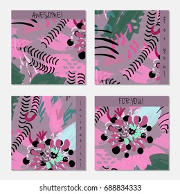 Hand drawn creative invitation greeting cards. Invitation party card template. Set of 4 isolated on layer. Abstract creative universal doodles. Roughly brushed floral motifs. Vector illustration.