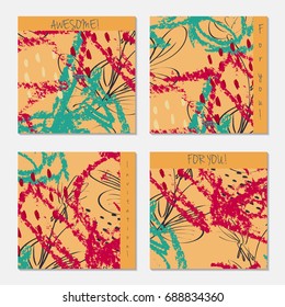 Hand drawn creative invitation greeting cards. Invitation party card template. Set of 4 isolated on layer. Abstract creative universal doodles. Roughly brushed floral motifs. Vector illustration.