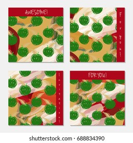 Hand drawn creative invitation greeting cards. Invitation party card template. Set of 4 isolated on layer. Abstract creative universal doodles. Roughly brushed floral motifs. Vector illustration.