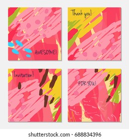 Hand drawn creative invitation greeting cards. Invitation party card template. Set of 4 isolated on layer. Abstract creative universal doodles. Roughly brushed floral motifs. Vector illustration.