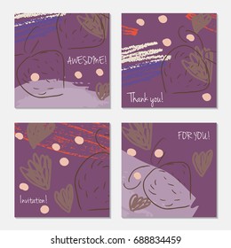 Hand drawn creative invitation greeting cards. Invitation party card template. Set of 4 isolated on layer. Abstract creative universal doodles. Roughly brushed floral motifs. Vector illustration.
