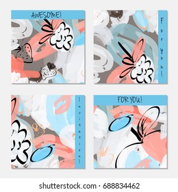 Hand drawn creative invitation greeting cards. Invitation party card template. Set of 4 isolated on layer. Abstract creative universal doodles. Roughly brushed floral motifs. Vector illustration.