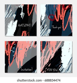 Hand drawn creative invitation greeting cards. Invitation party card template. Set of 4 isolated on layer. Abstract creative universal doodles. Roughly brushed floral motifs. Vector illustration.