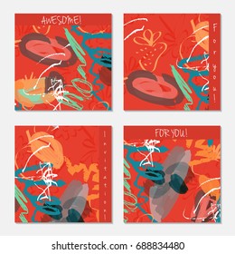 Hand drawn creative invitation greeting cards. Invitation party card template. Set of 4 isolated on layer. Abstract creative universal doodles. Roughly brushed floral motifs. Vector illustration.