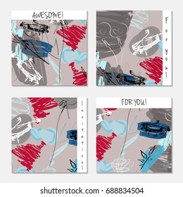 Hand drawn creative invitation greeting cards. Invitation party card template. Set of 4 isolated on layer. Abstract creative universal doodles. Roughly brushed floral motifs. Vector illustration.