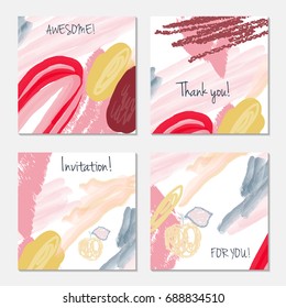 Hand drawn creative invitation greeting cards. Invitation party card template. Set of 4 isolated on layer. Abstract creative universal doodles. Roughly brushed floral motifs. Vector illustration.