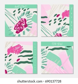 Hand drawn creative invitation greeting cards. Invitation party card template. Set of 4 isolated on layer. Abstract creative universal doodles. Roughly brushed floral motifs. Vector illustration.