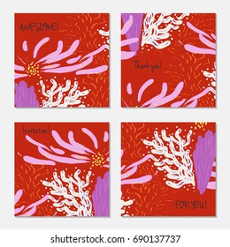 Hand drawn creative invitation greeting cards. Invitation party card template. Set of 4 isolated on layer. Abstract creative universal doodles. Roughly brushed floral motifs. Vector illustration.