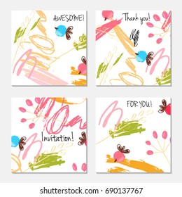 Hand drawn creative invitation greeting cards. Invitation party card template. Set of 4 isolated on layer. Abstract creative universal doodles. Roughly brushed floral motifs. Vector illustration.