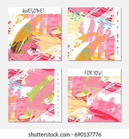 Hand drawn creative invitation greeting cards. Invitation party card template. Set of 4 isolated on layer. Abstract creative universal doodles. Roughly brushed floral motifs. Vector illustration.