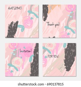 Hand drawn creative invitation greeting cards. Invitation party card template. Set of 4 isolated on layer. Abstract creative universal doodles. Roughly brushed floral motifs. Vector illustration.
