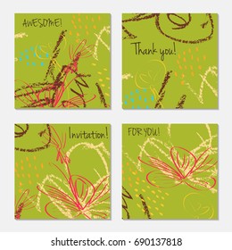 Hand drawn creative invitation greeting cards. Invitation party card template. Set of 4 isolated on layer. Abstract creative universal doodles. Roughly brushed floral motifs. Vector illustration.