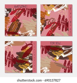 Hand drawn creative invitation greeting cards. Invitation party card template. Set of 4 isolated on layer. Abstract creative universal doodles. Roughly brushed floral motifs. Vector illustration.