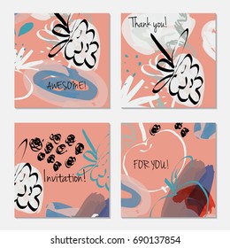 Hand drawn creative invitation greeting cards. Invitation party card template. Set of 4 isolated on layer. Abstract creative universal doodles. Roughly brushed floral motifs. Vector illustration.