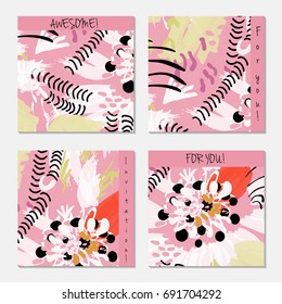 Hand drawn creative invitation greeting cards. Invitation party card template. Set of 4 isolated on layer. Abstract creative universal doodles. Roughly brushed floral motifs. Vector illustration.